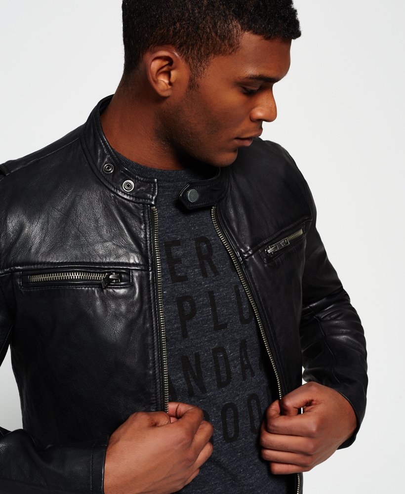 mens Classic Real Hero Biker Leather Jacket in Black | Superdry CA-EN