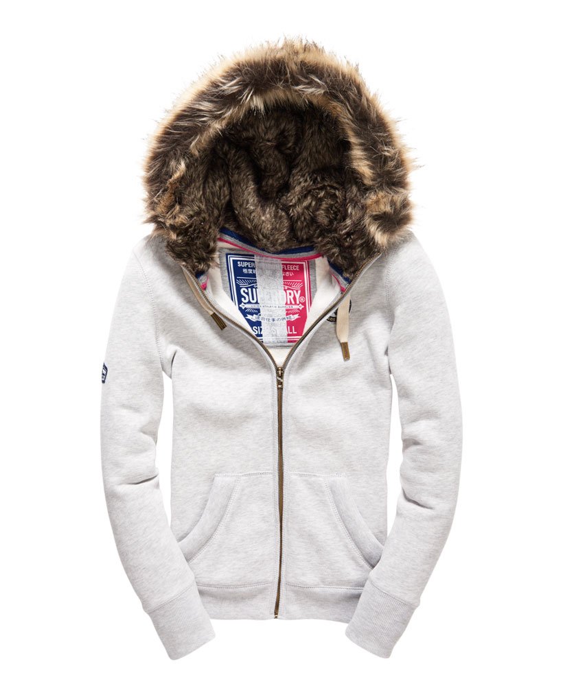 womens Applique Luxe Fur Zip Hoodie in ICE MARL | Superdry UK