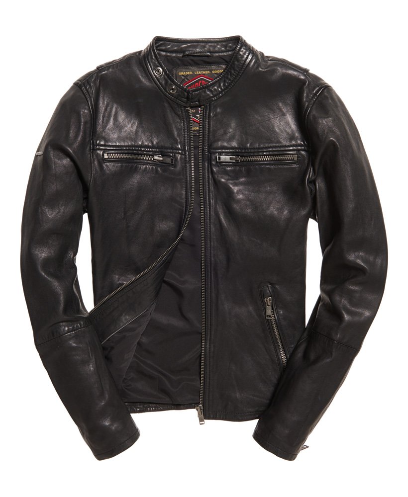 mens Real Hero Leather Biker Jacket in Black | Superdry CA-EN
