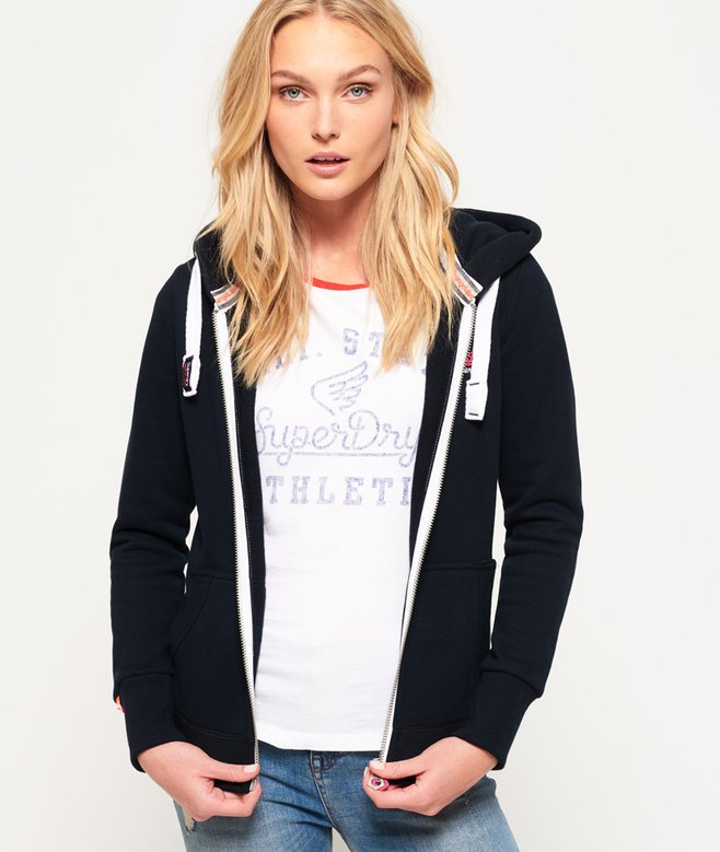 Sweat Capuche Intégrale Superdry Femme – Bleu Marine, Taille L, Zip Vintage