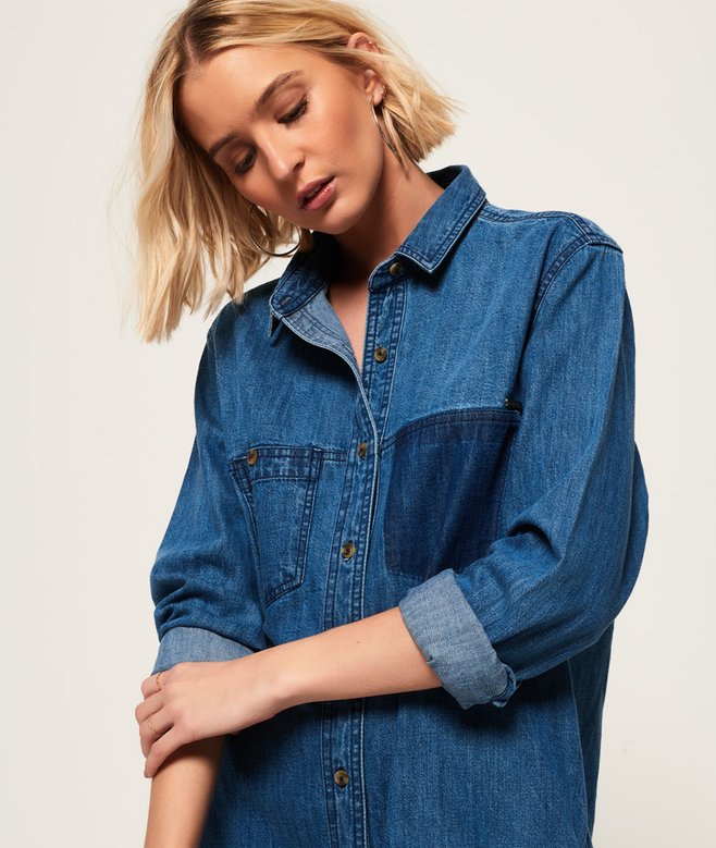 superdry denim shirt dress womens Oversized Denim Shirt Dress in Deep Blue