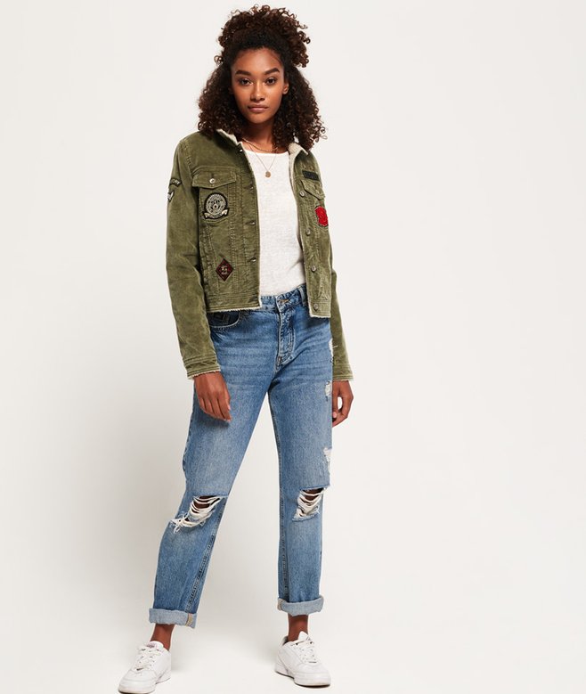 womens Cord Girlfriend Borg Jacket in Black Hawk Khaki Superdry UK