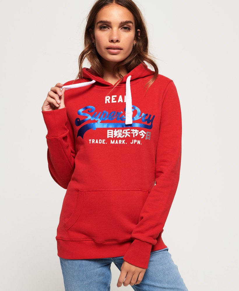 womens Vintage Logo Bonded Satin Hoodie in Dark Red | Superdry US