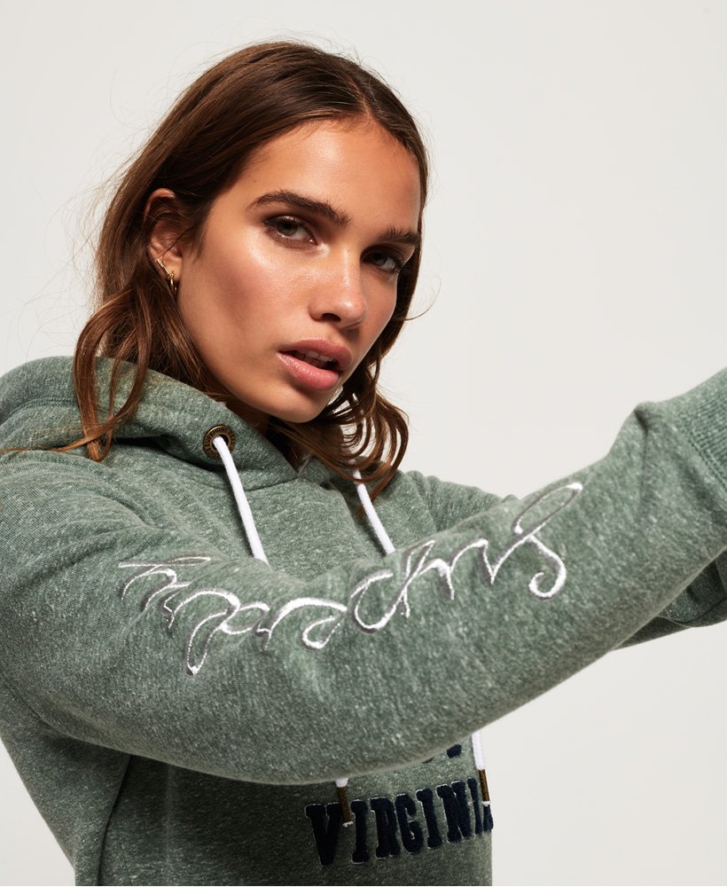 womens Aria Applique Borg Hoodie in Emerald Green Snowy | Superdry UK