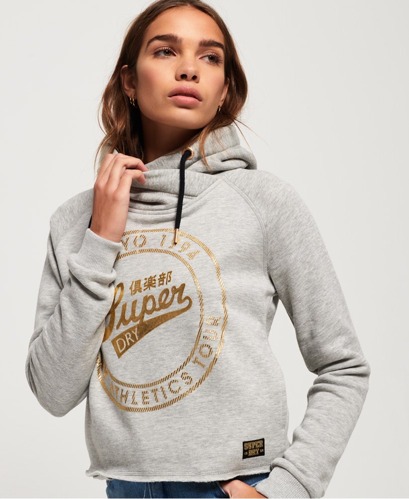 スーパードライ womens Ace Metallic Crop Hoodie in Dawn Grey Marl | Superdry US