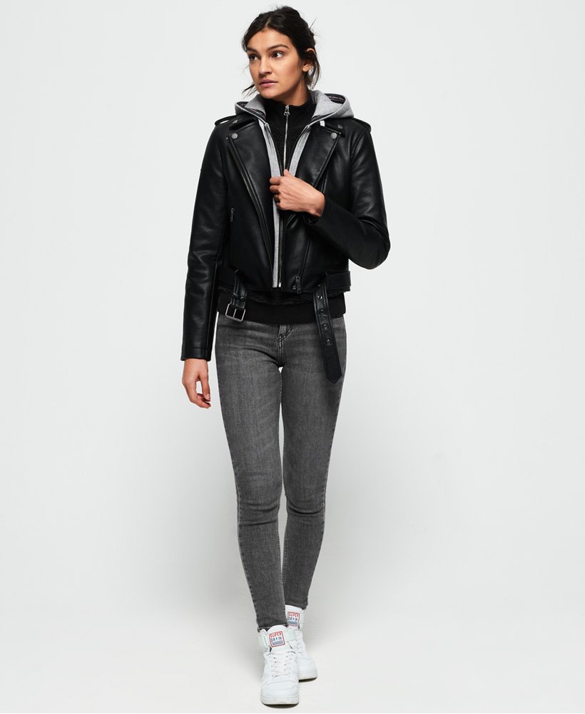 womens PU Hooded Biker Jacket in Black | Superdry UK