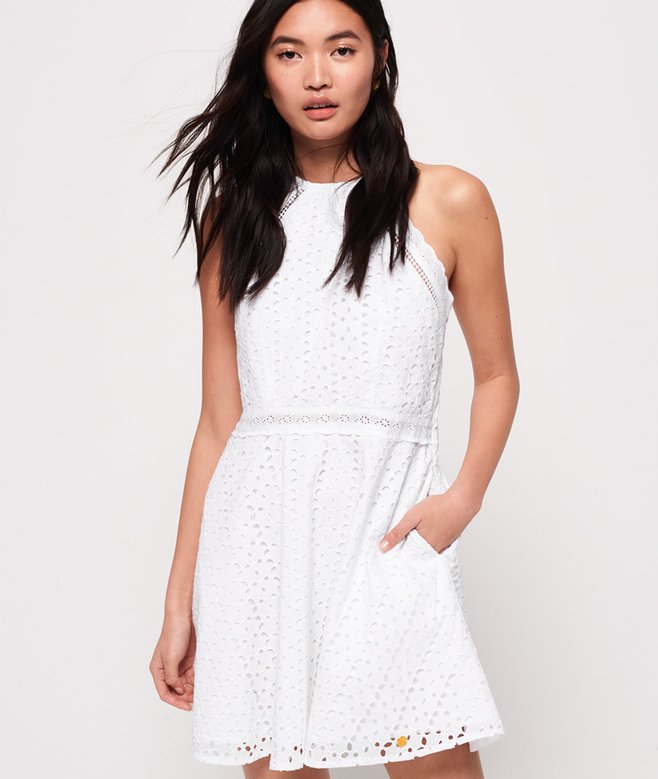 slim fit dress slacks Carlina Broderie Mini Dress / White | Meshki main image 1
