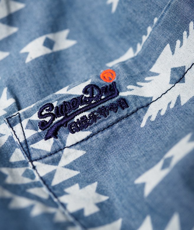 Camisa Para Hombre Superdry Miami Loom - Manga Corta, Aztec Indigo, 100% Algodón - Estilo Casual Con Bolsillo