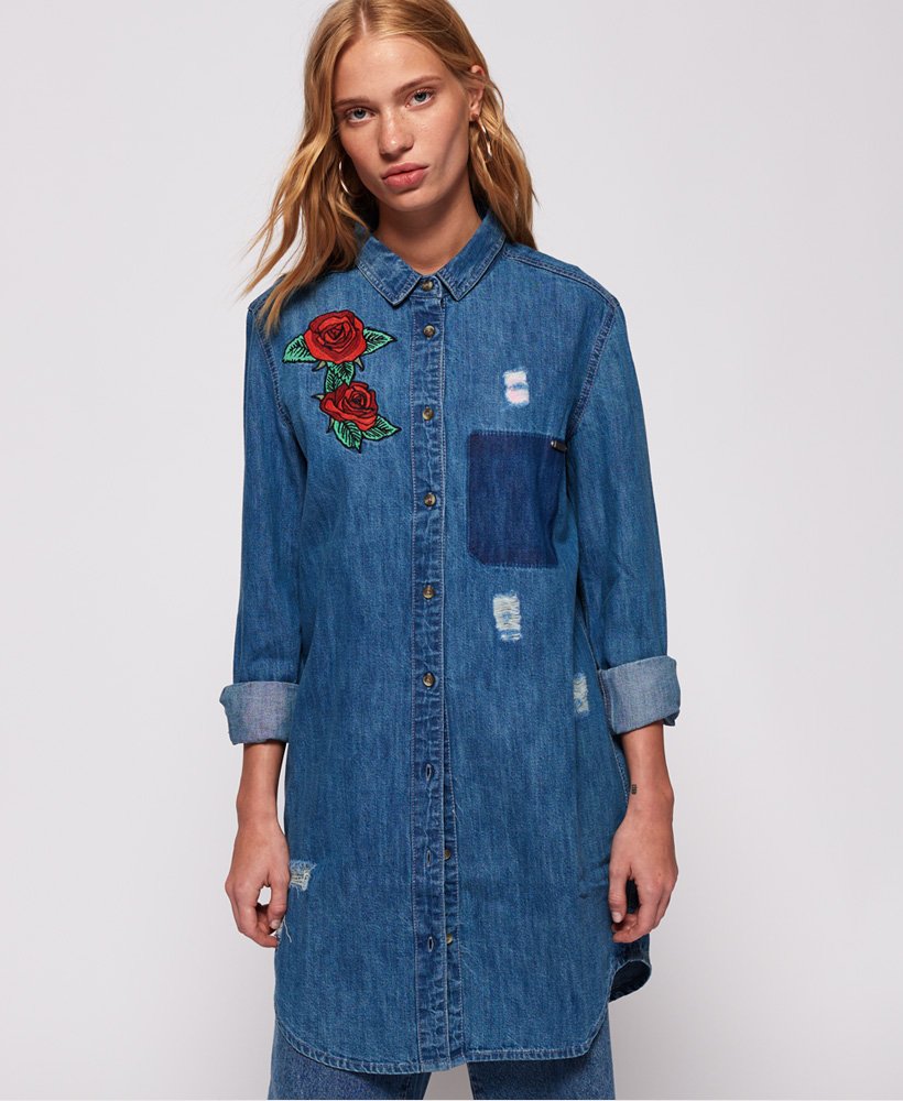 womens Oversized Denim Shirt Dress in Black Star/Pink | Superdry UK