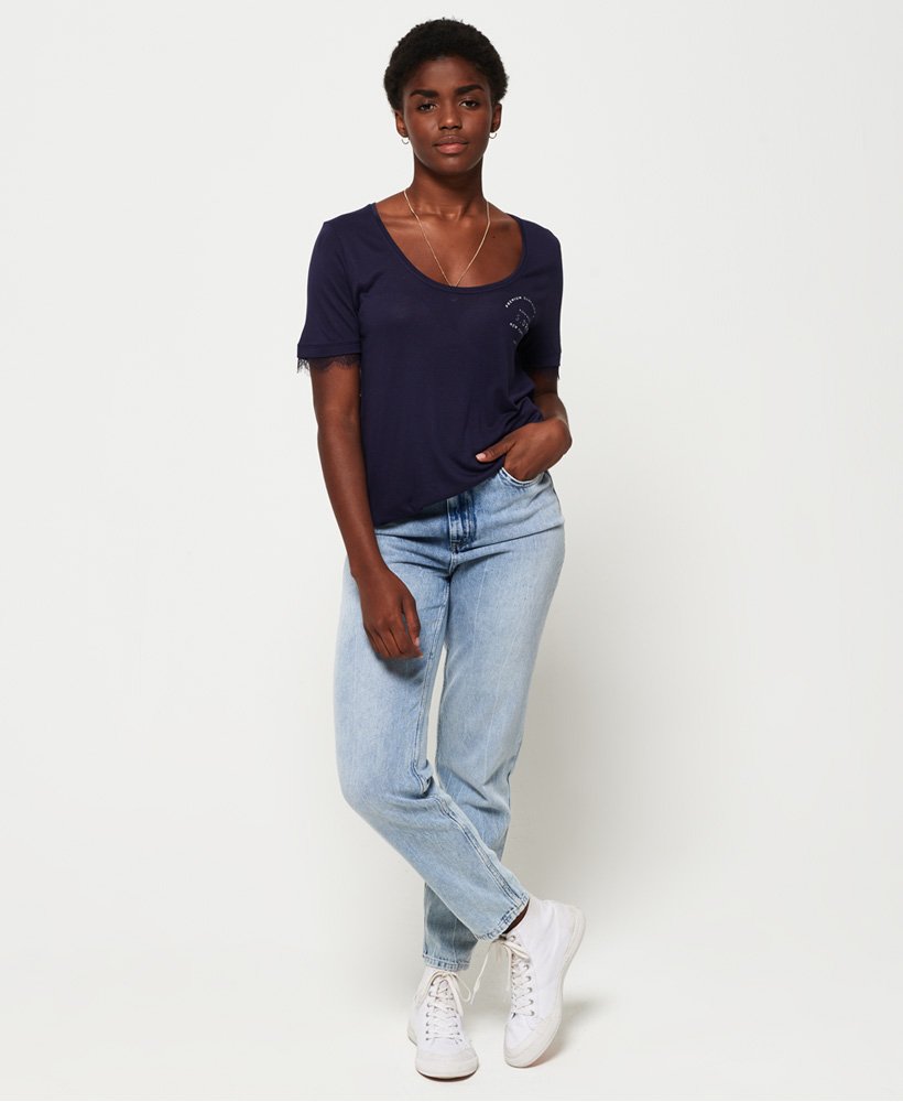 womens Eyelash Lace Graphic T-Shirt in RINSED NAVY | Superdry US
