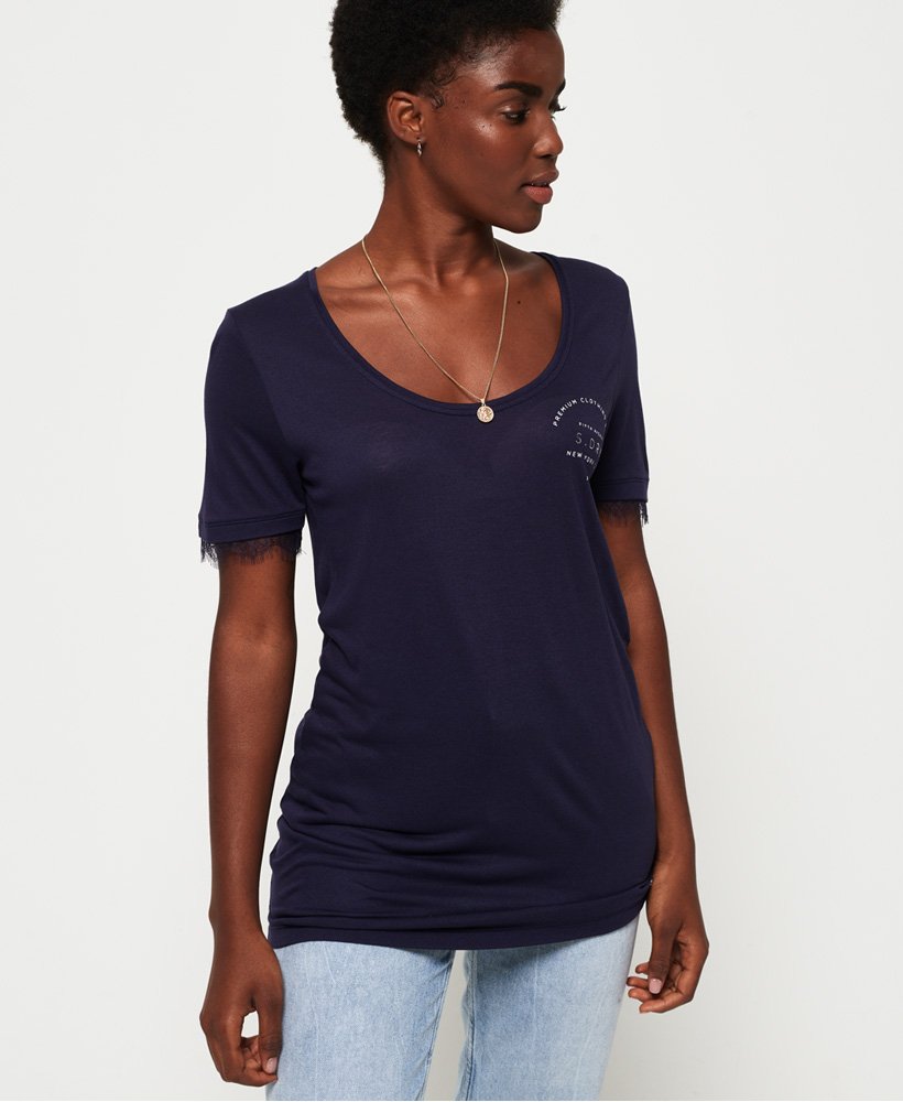 womens Eyelash Lace Graphic T-Shirt in RINSED NAVY | Superdry US