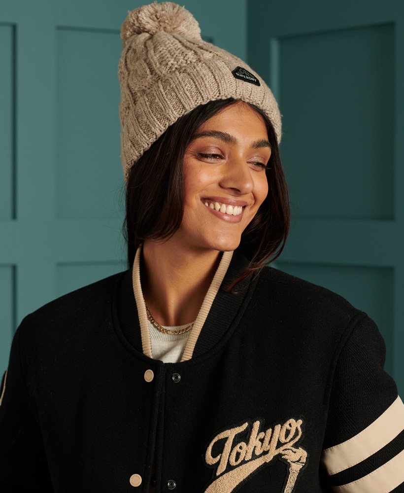 womens Cable Knit Beanie Hat in Oaty Beige Fleck | UK
