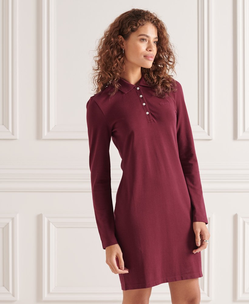 womens Organic Cotton Scripted Pique Polo Dress in Deep Port | Superdry UK