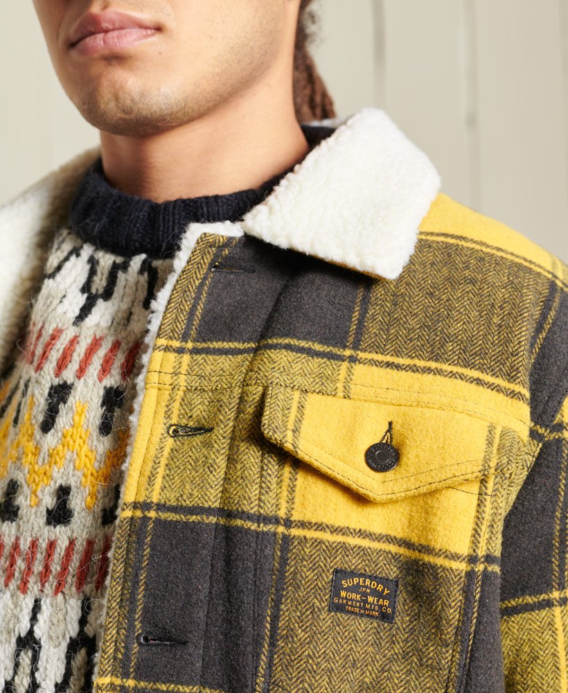 mens Highwayman Wool Sherpa Trucker Jacket in Gold Buffalo Check