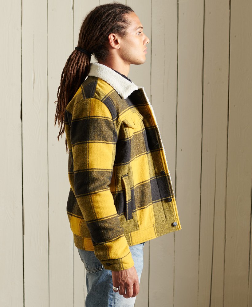 mens Highwayman Wool Sherpa Trucker Jacket in Gold Buffalo Check