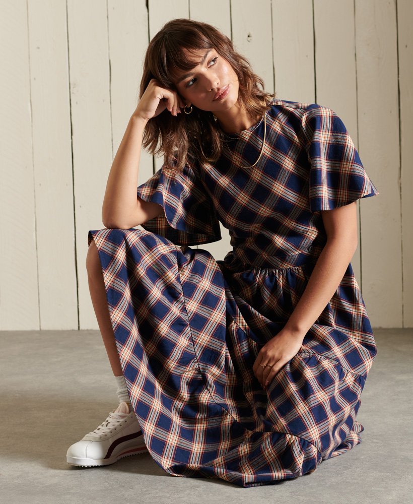 womens Woven Check Short Sleeve Midi Dress in NAVY CHECK | Superdry US