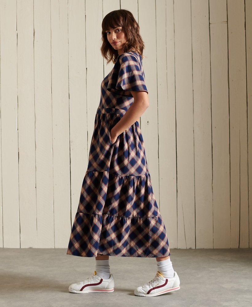 womens Woven Check Short Sleeve Midi Dress in NAVY CHECK | Superdry US