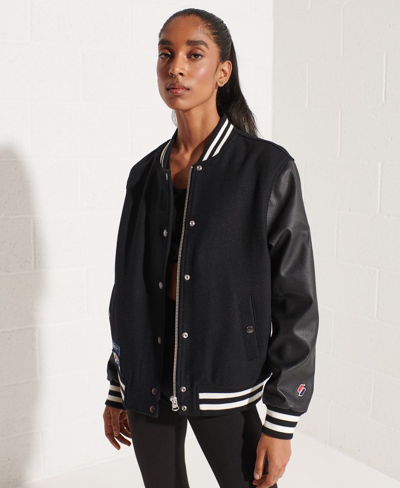 womens Wool Varsity Baseball Jacket in BLACK/BLACK | Superdry UK