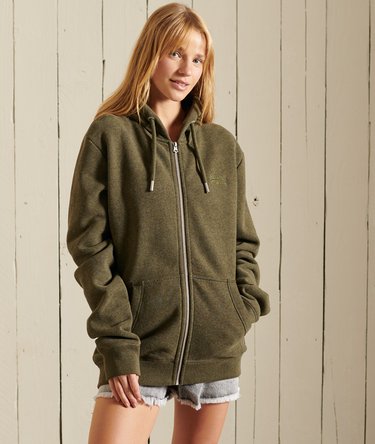 Sweat à capuche zippé ample Vintage Logo brodé vert olive chiné