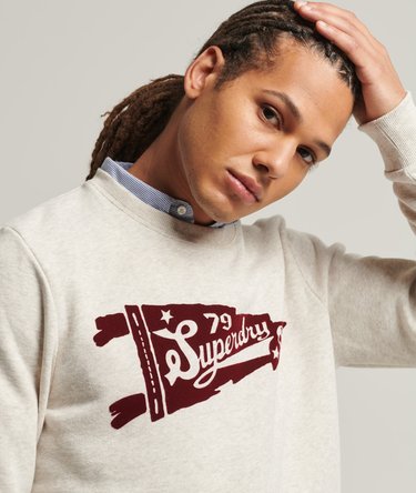 mens Vintage Script Style Collegiate Crew Sweatshirt in OAT MARL