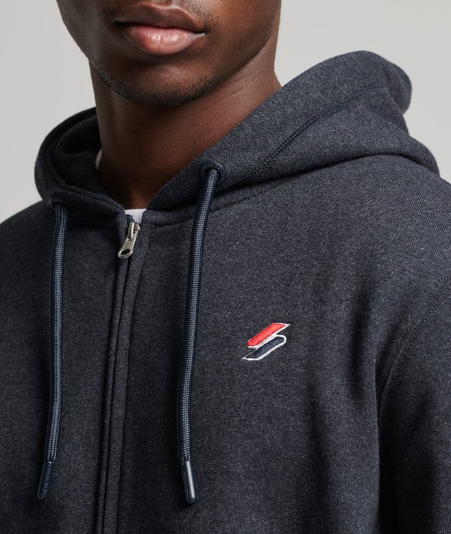 Sweat à Capuche Zippé Superdry Pour Homme – Bleu Marine Chiné, Logo Brodé – En Polyester Recyclé, Coupe Décontractée