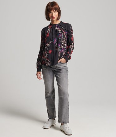 Geweven top met lange mouwen en borduursel Image 2