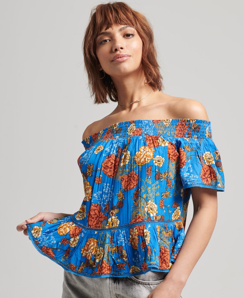 womens Vintage Off The Shoulder Woven Top in Blue Floral | Superdry UK womens Vintage Off The Shoulder Woven Top in Blue Floral | Superdry UK
