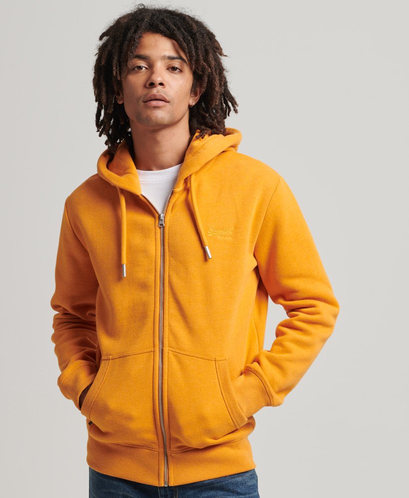 mens Organic Cotton Vintage Logo Embroidered Zip Hoodie in Thrift