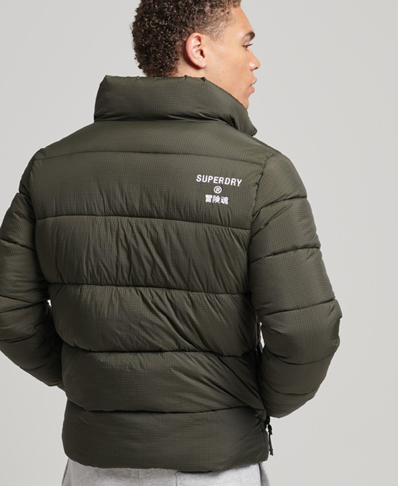 mens Non Hooded Sports Puffer Jacket in Football Grid Khaki