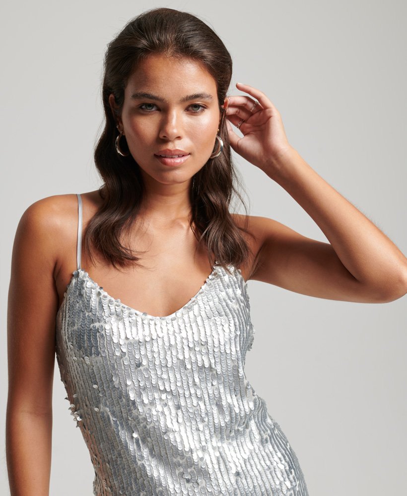 glitter cami dress Deep V Neck Ruched Asymmetrical Hem Backless Sequin Cami Dress – Baly Shop