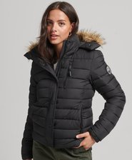 Kurze Pufferjacke mit Kapuze und Kunstfellbesatz