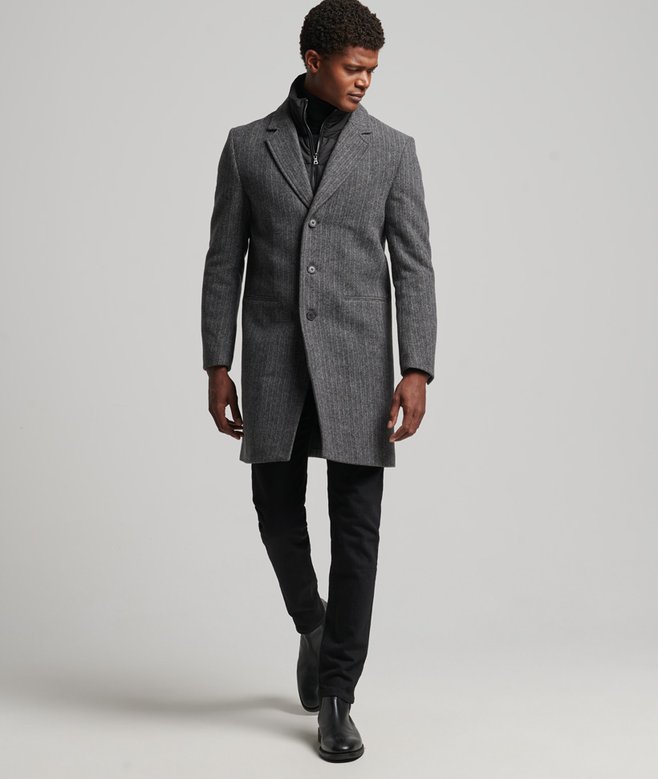 mens Detachable Lining Wool Town Coat in Grey Herringbone