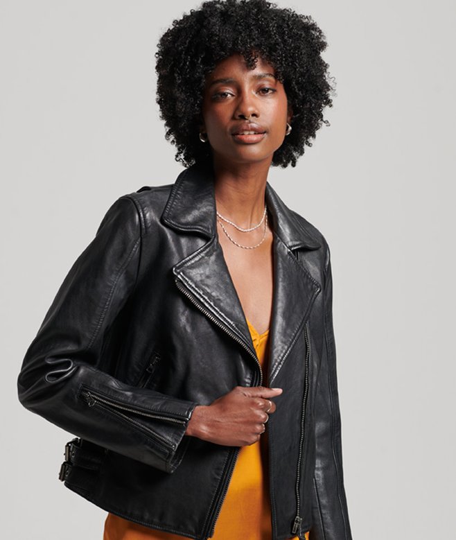 womens Classic Leather Biker Jacket in Black | Superdry UK