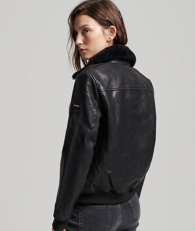womens Aviator Flight Leather Jacket in Black Superdry IE