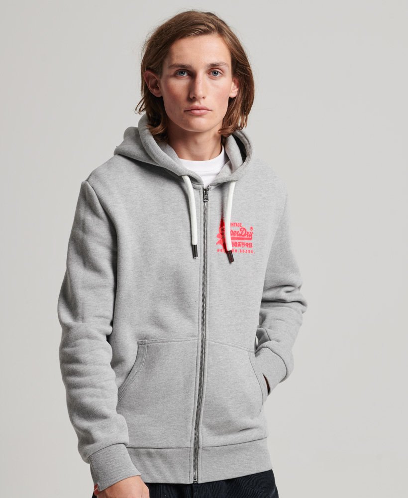 mens Vintage Logo Neon Zip Hoodie in GREY MARL | Superdry UK