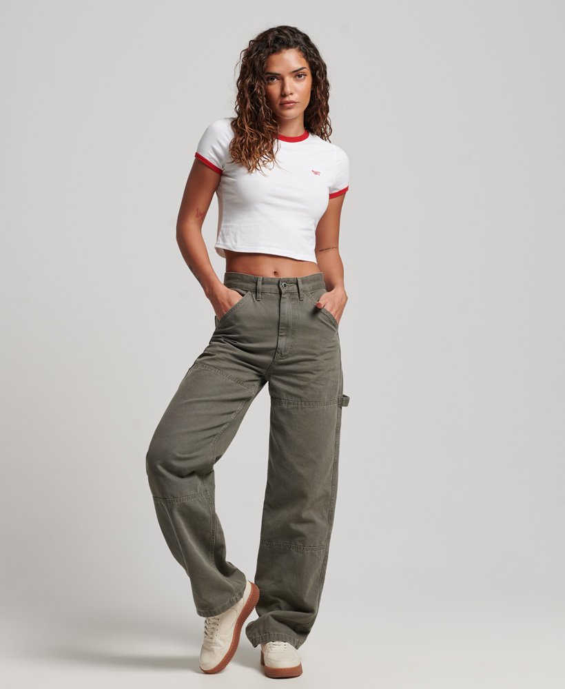 womens Organic Cotton Ringer Crop T-shirt in OPTIC WHITE/VARSITY