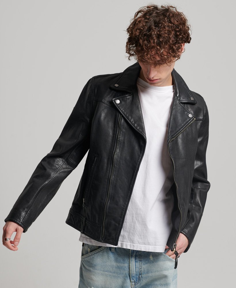 mens Vintage Leather Biker Jacket in Black | Superdry CA-EN