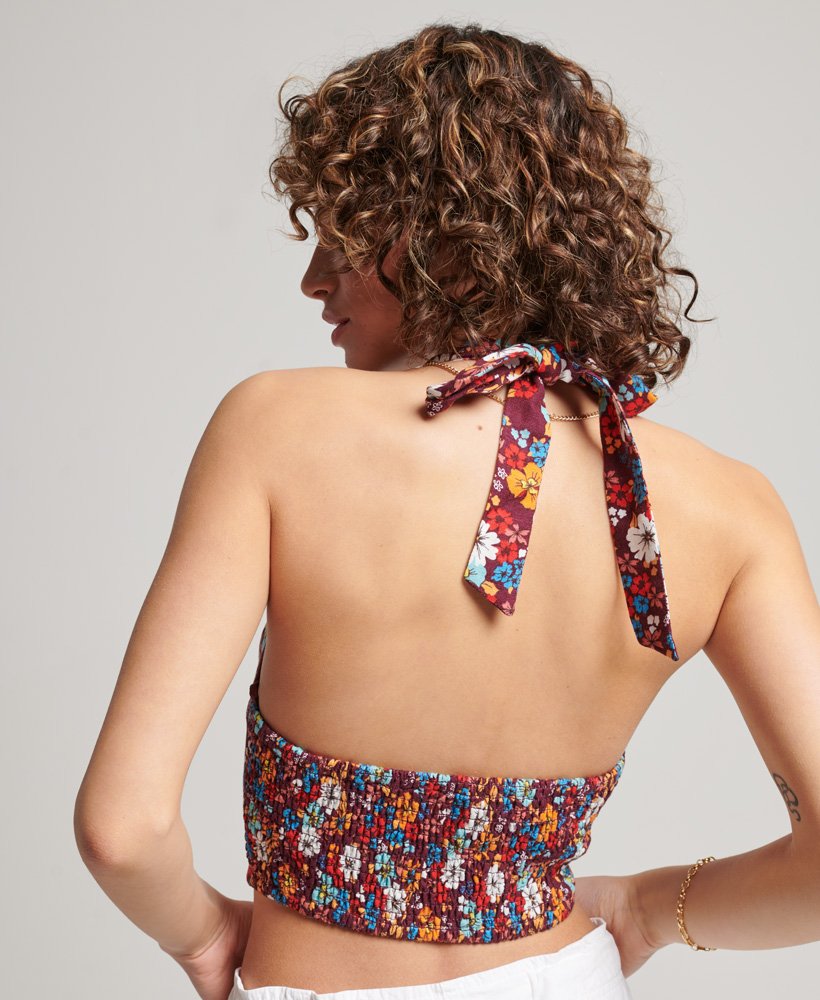 womens Vintage Halter Top in 70s Floral Chocolate Print
