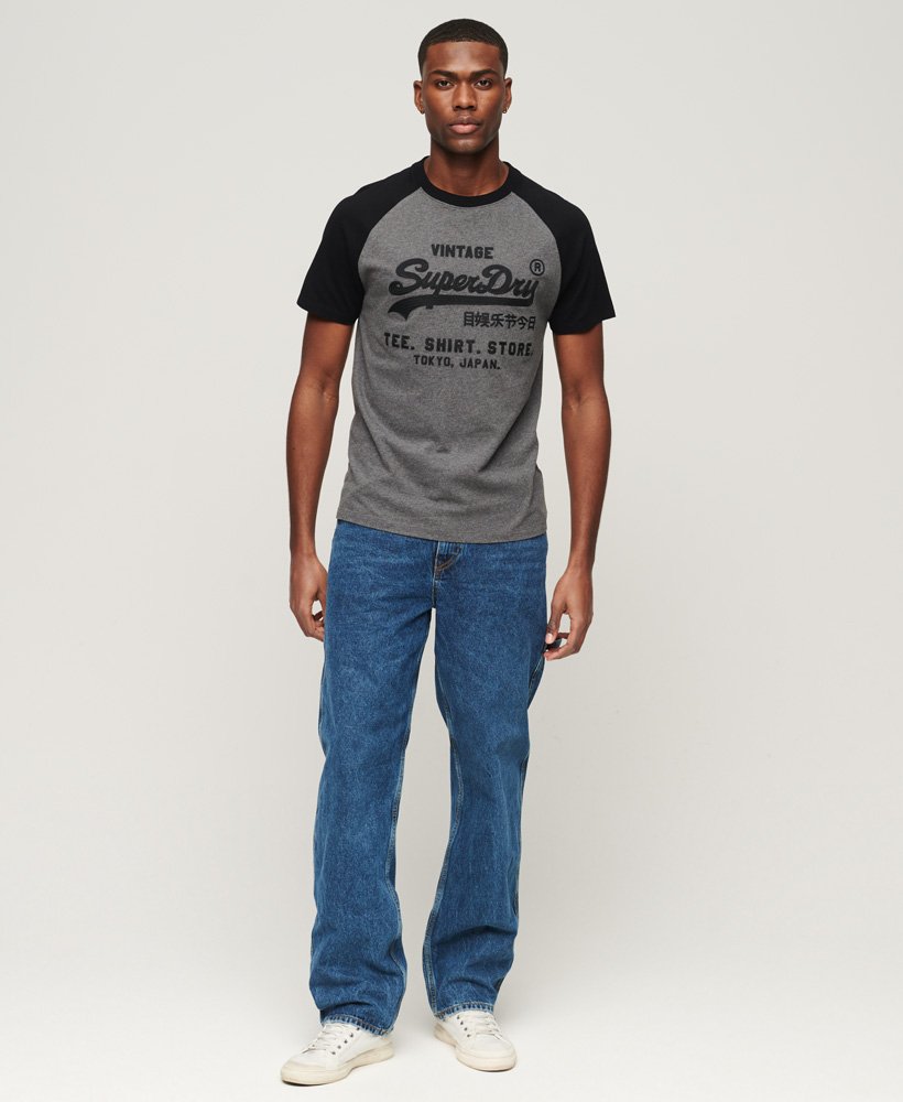 mens Vintage Logo Store Raglan T-Shirt in Rich Charcoal Marl