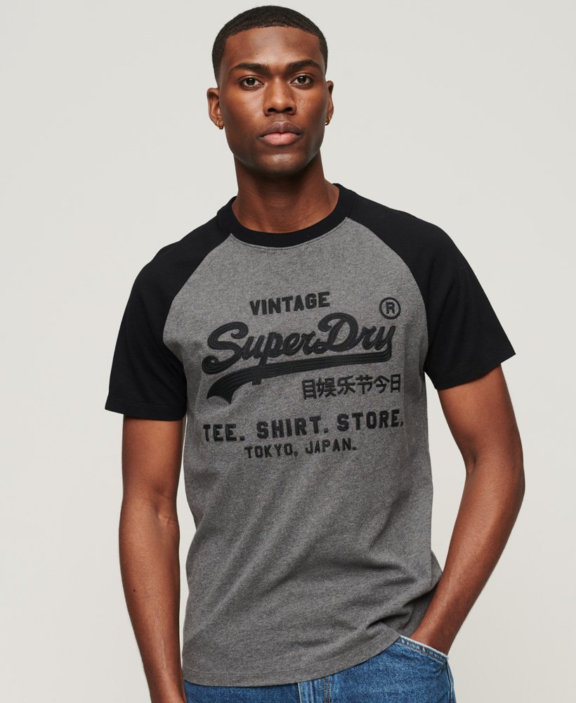 mens Vintage Logo Store Raglan T-Shirt in Rich Charcoal Marl