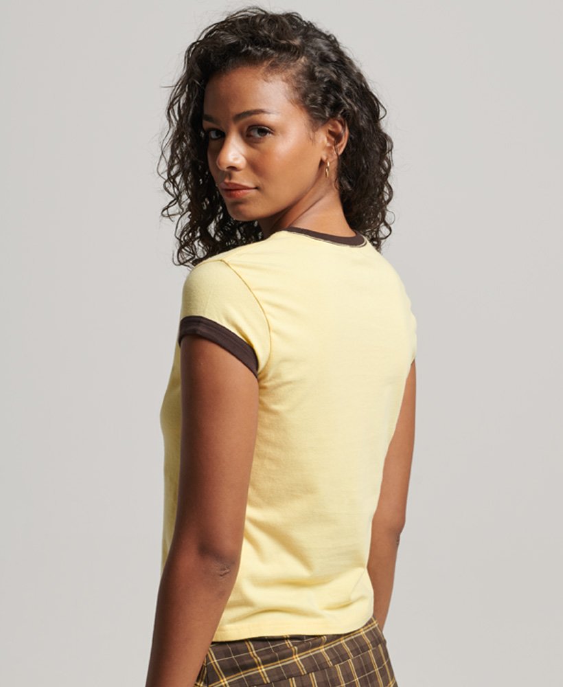 womens Ringer T-Shirt in Pale Yellow/Dark Chocolate Brown