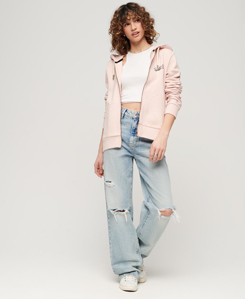 womens Japanese Vintage Logo Graphic Zip Hoodie in Peach