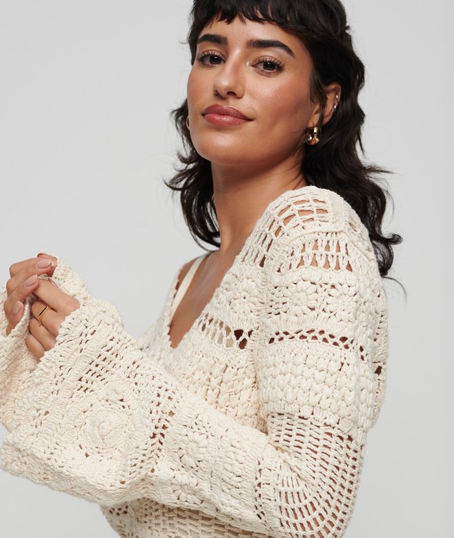 womens Crochet Flared Sleeve Mini Dress in Buttercream | Superdry UK