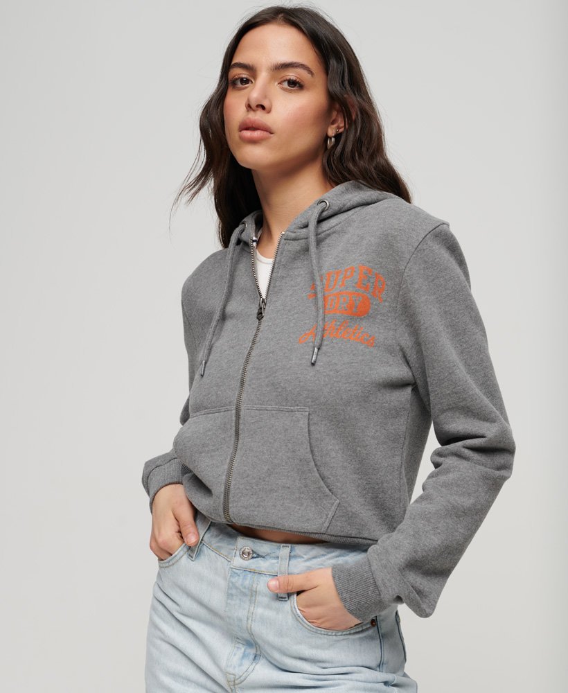 womens Athletic Essentials Crop Zip Hoodie in DARK GREY MARL Superdry IE