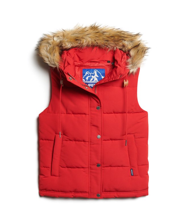 womens Everest Faux Fur Puffer Gilet in VARSITY RED Superdry UK - Main Image