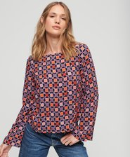 Top con stampa, maniche svasate e schiena scoperta