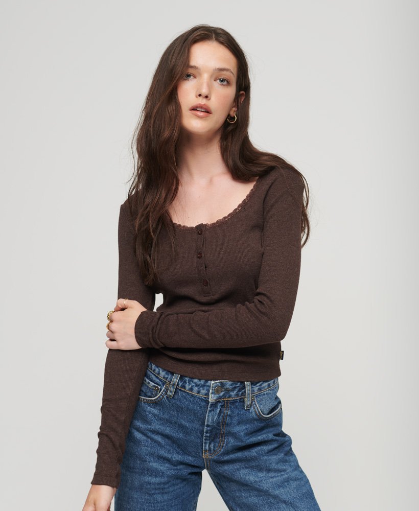 womens Ribbed Long Sleeve Henley Top in Dark Chocolate Brown