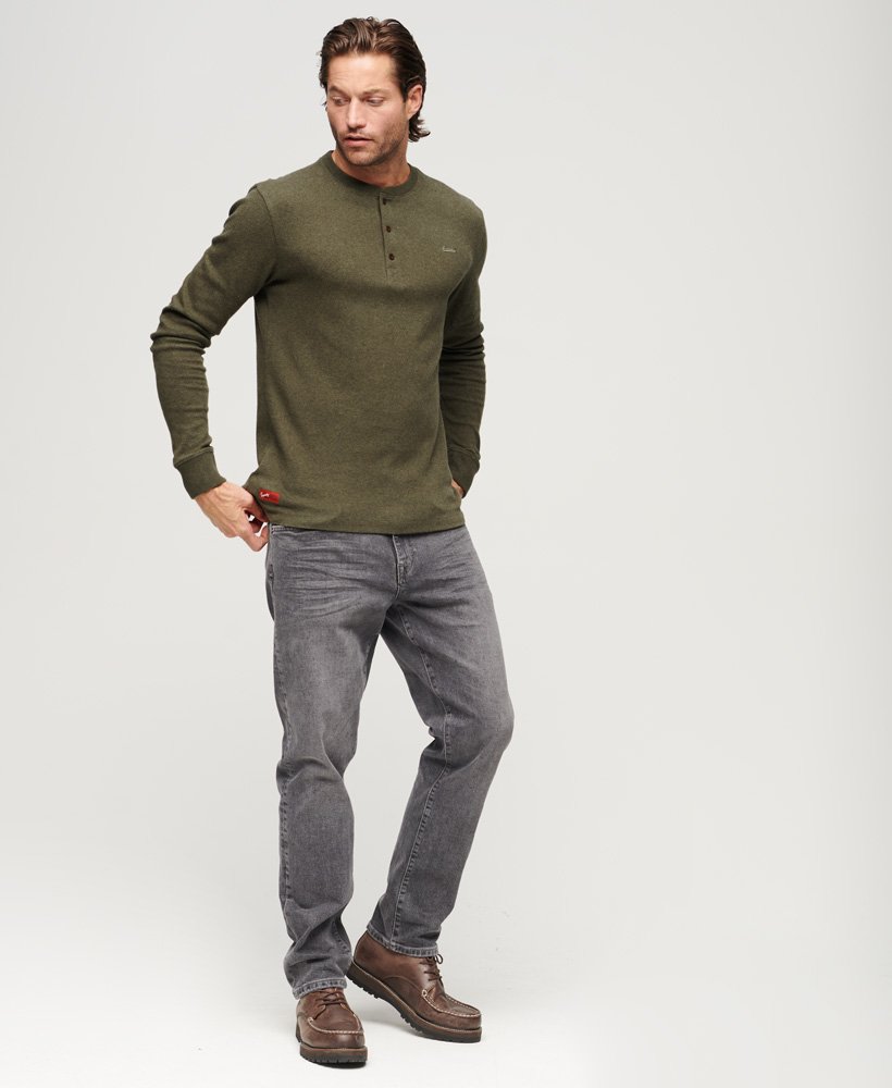 mens Vintage Logo Embroidered Half Button Top in Olive Green