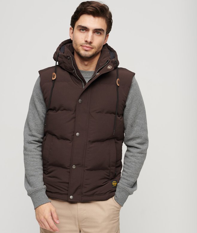 mens Everest Hooded Puffer Gilet in DARK BROWN | Superdry UK