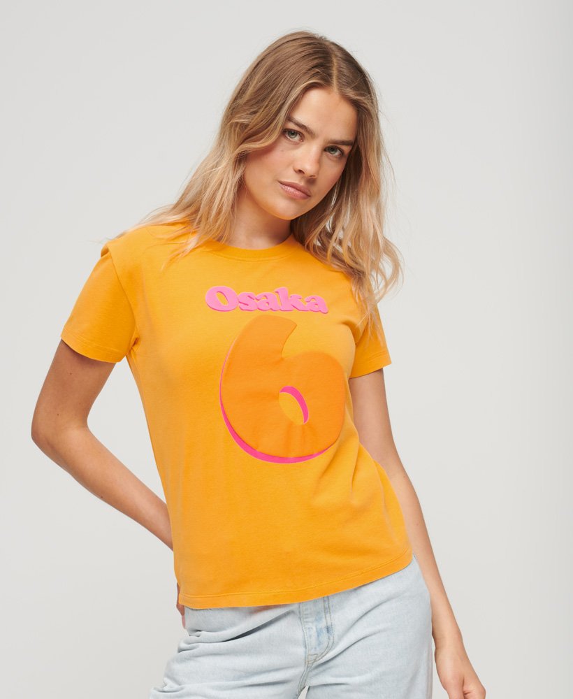 womens Osaka Graphic Short Sleeve Fitted T-Shirt in Saffron Yellow
